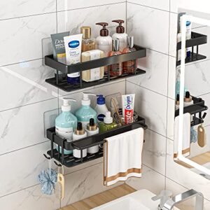 shower caddy, black shower caddy with 2 hooks and 1 towel bar, adhesive shower caddy aluminum bathroom wall shelf, no drilling shower organizer for bathroom toilet, kitchen-2 pack (matte black)