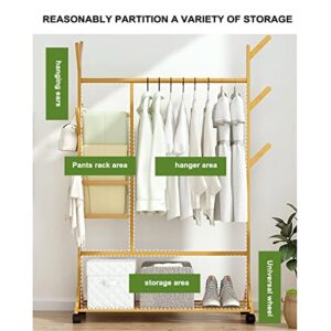 YXDFG Rolling Closet Organizer Shoe Rack,Bamboo Clothes Drying Rack,Coat Rack Stand Garment Rack Rail W/9 Side Hooks,Hall Tree Entryway Bedroom Storage Shelves Clothes Hanging Rack,Brown