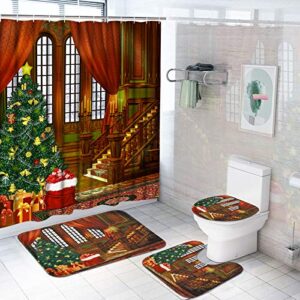 4 pcs christmas shower curtain sets with non-slip rugs, toilet lid cover and bath mat, red vintage xmas tree and castle shower curtain with 12 hooks, waterproof shower curtain for bathroom set