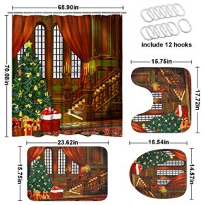 4 Pcs Christmas Shower Curtain Sets with Non-Slip Rugs, Toilet Lid Cover and Bath Mat, Red Vintage Xmas Tree and Castle Shower Curtain with 12 Hooks, Waterproof Shower Curtain for Bathroom Set