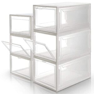 homde shoe boxes stackable shoe storage rack white frame with clear drawer, 3 pack large size and 3 pack x-large size
