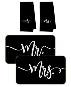 uinhmop 17''x30'' mr. and mrs. decorative doormat and 16''x24'' bath towels kitchen towels hand towels(2 doormats + 2 towels),wedding anniversary valentine’s day gifts for couples(black)