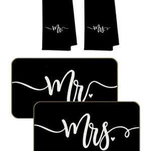 UINHMOP 17''x30'' Mr. and Mrs. Decorative Doormat and 16''x24'' Bath Towels Kitchen Towels Hand Towels(2 Doormats + 2 Towels),Wedding Anniversary Valentine’s Day Gifts for Couples(Black)