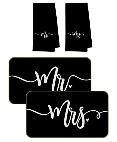 UINHMOP 17''x30'' Mr. and Mrs. Decorative Doormat and 16''x24'' Bath Towels Kitchen Towels Hand Towels(2 Doormats + 2 Towels),Wedding Anniversary Valentine’s Day Gifts for Couples(Black)