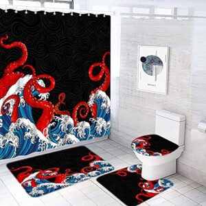 ccxtcz 4 piece nautical octopus shower curtain sets red kraken tentacles sea ocean animal colorful fashion underwater marine life with non-slip rugs toilet lid cover and bath mat bathroom decor set.