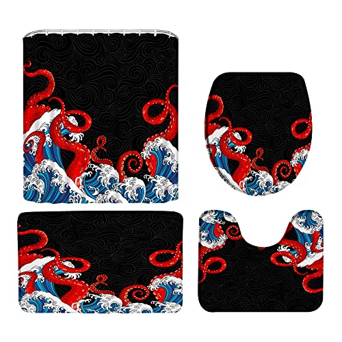 CCXTCZ 4 Piece Nautical Octopus Shower Curtain Sets Red Kraken Tentacles Sea Ocean Animal Colorful Fashion Underwater Marine Life with Non-Slip Rugs Toilet Lid Cover and Bath Mat Bathroom Decor Set.