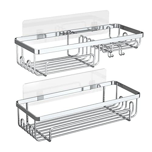 Kienapanc Shower Caddy Shelf & Bathroom Shower Organizer Rack with 12 Hook,No Drilling Wall Mount Shower Storage for Shampoo Conditioner Shower Shelf SUS304 Stainless Steel- 2 Pack (Polished Silver)