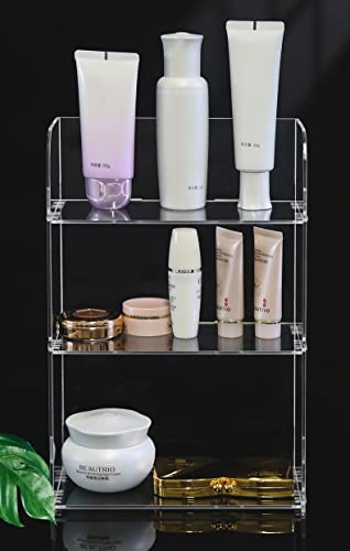 Jusalpha 3 Tier Clear Acrylic Bathroom Organizer shelf for Cosmetic Perfume Skincare Makeup Toy Spices Standing Tabletop Vanity Tray Shelf Multifunctional Sturdy Display showcase (10''x 4''x 12'')