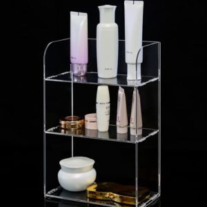 Jusalpha 3 Tier Clear Acrylic Bathroom Organizer shelf for Cosmetic Perfume Skincare Makeup Toy Spices Standing Tabletop Vanity Tray Shelf Multifunctional Sturdy Display showcase (10''x 4''x 12'')