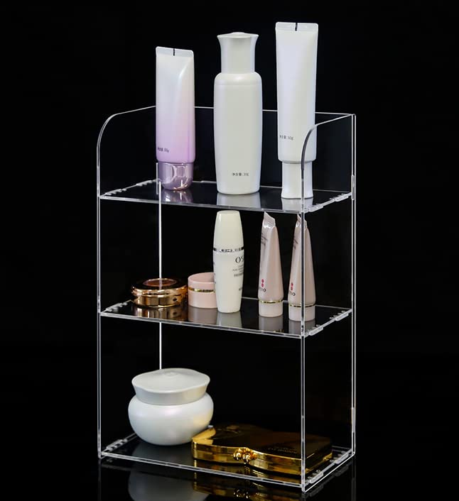 Jusalpha 3 Tier Clear Acrylic Bathroom Organizer shelf for Cosmetic Perfume Skincare Makeup Toy Spices Standing Tabletop Vanity Tray Shelf Multifunctional Sturdy Display showcase (10''x 4''x 12'')
