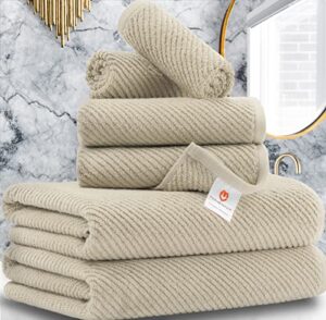 voova & movas towels for bathroom,6 pieces gift set,100% cotton | large | soft | quick dry, 2 bath towels 30×56inch, 2 hand towels 18×28, 2 wash cloths 13×13,dorm room essentials, light tan | beige