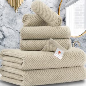 VOOVA & MOVAS Towels for Bathroom,6 Pieces Gift Set,100% Cotton | Large | Soft | Quick Dry, 2 Bath Towels 30×56inch, 2 Hand Towels 18×28, 2 Wash Cloths 13×13,Dorm Room Essentials, Light Tan | Beige