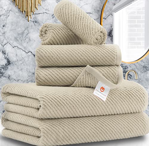 VOOVA & MOVAS Towels for Bathroom,6 Pieces Gift Set,100% Cotton | Large | Soft | Quick Dry, 2 Bath Towels 30×56inch, 2 Hand Towels 18×28, 2 Wash Cloths 13×13,Dorm Room Essentials, Light Tan | Beige