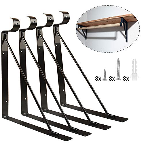 4 Packs of Heavy Duty Closet Shelf and Rod Bracket, Eau Black Closet Shelf Bracket with Rod Support Great for Both Shelf Storage and Closet Rod