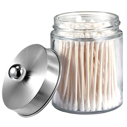 Apothecary Jars Bathroom Vanity Organizer -Countertop Canister Jar with Storage Lid - Qtip Dispenser Holder Glass for Qtips,Cotton Swabs,Makeup Sponges ,Hair Band - Brushed Nickel (1 Pack)