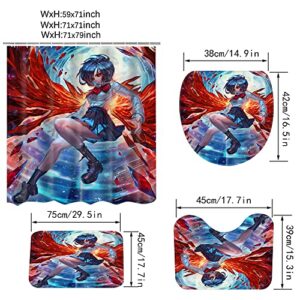 daweitianlong 4 Piece Anime Shower Curtain Set with Non-Slip Rug, Thickened Toilet Lid Cover and Bath Mat,Waterproof Anime Shower Curtain Sets for Bathroom with 12 Hooks 59x71 inch, 14