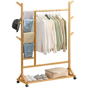yxdfg 3-in-1 clothes hanging rack, rolling closet organizer shoe rack, bamboo clothes drying rack,with bottom shelves and 6 side hooks, for hanging clothes in laundry, bedroom, bathroom etc,wood