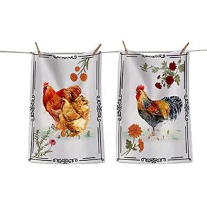 shes chic rooster chicken kitchen towels - 100% cotton farmhouse set of 2 multi-purpose feedsack dish towel for drying | tea towels | bar towels 26 inch by 18 inch with hanging loop