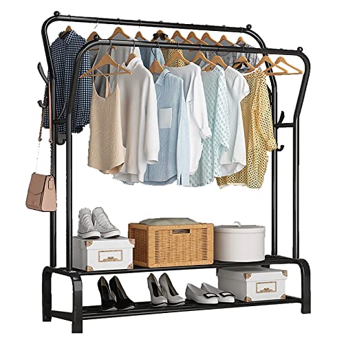 ZBYL Clothes Rack Garment Rack Rail, Metal Double Layer Clothing Closet Rack Hanger Stand with Shelves, Portable Clothing Coat Organizer Rack with Bottom Rack, 110×148cm