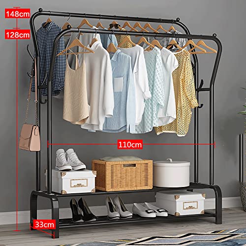 ZBYL Clothes Rack Garment Rack Rail, Metal Double Layer Clothing Closet Rack Hanger Stand with Shelves, Portable Clothing Coat Organizer Rack with Bottom Rack, 110×148cm