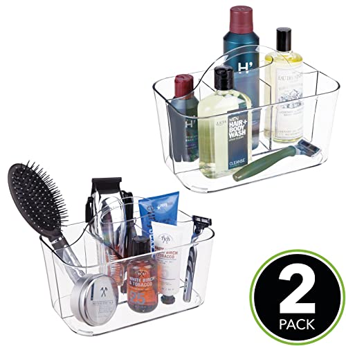 mDesign Small Plastic Shower/Bath Storage Organizer Caddy Tote with Handle for Dorm, Shelf, Cabinet - Hold Soap, Shampoo, Conditioner, Combs, Brushes, Lumiere Collection, 2 Pack, Clear