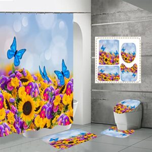 starblue-hgs garden sunflower flower waterproof shower curtain set flowering shrubs butterfly bathroom bathtub mat toilet cover mat set