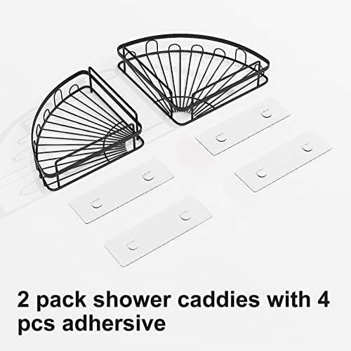 Ranjioer SUS304 Fan-Shaped Corner Shower Caddy,No Drilling Traceless Adhesive Bathroom Storage Organizer,Rustproof Wall Mounted Bathroom Shelf,Kitchen Spice Racks-2 Pack (Matte Black,Radius 9')