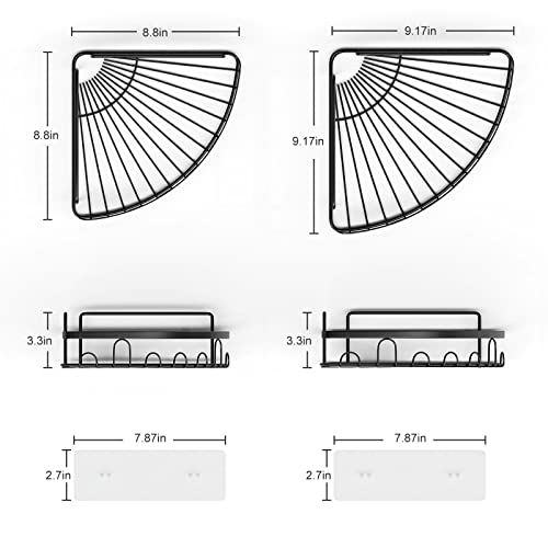 Ranjioer SUS304 Fan-Shaped Corner Shower Caddy,No Drilling Traceless Adhesive Bathroom Storage Organizer,Rustproof Wall Mounted Bathroom Shelf,Kitchen Spice Racks-2 Pack (Matte Black,Radius 9')