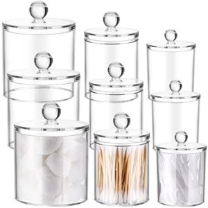 9 pack acrylic holder dispenser plastic apothecary jars with lids for cotton ball, 10/22/39 oz clear plastic storage jars floss holder container bathroom canisters for cotton swab bathroom, 3 sizes