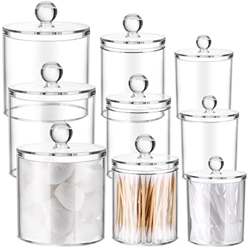 9 Pack Acrylic Holder Dispenser Plastic Apothecary Jars with Lids for Cotton Ball, 10/22/39 oz Clear Plastic Storage Jars Floss Holder Container Bathroom Canisters for Cotton Swab Bathroom, 3 Sizes