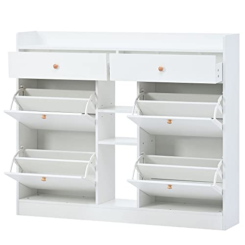 JUOFONE Modern Shoe Storage Cabinet with 4 Flip Drawers & Locker, Wood Shoe Organizer, Multifunctional Shoe Storage Organizer with Drawers, Free Standing Shoe Rack for Entrance Hallway (White)