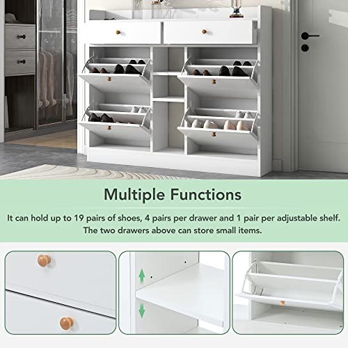 JUOFONE Modern Shoe Storage Cabinet with 4 Flip Drawers & Locker, Wood Shoe Organizer, Multifunctional Shoe Storage Organizer with Drawers, Free Standing Shoe Rack for Entrance Hallway (White)