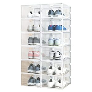 vemrbx shoe storage box, 12 pack clear plastic stackable shoe boxes organizer with lids, foldable shoe storage bins for closet entryway easter