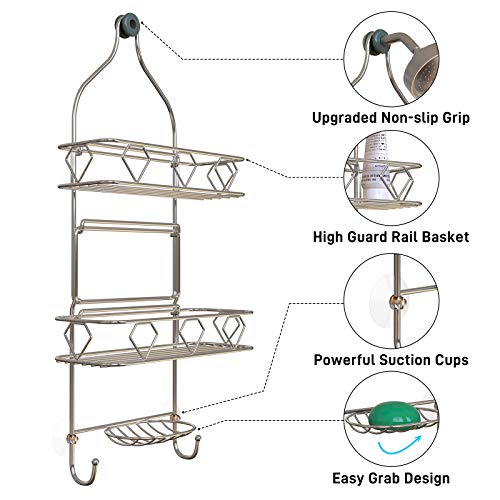 GeekDigg 3 Tier Hanging Shower Caddy, Shower Caddy Basket over Shower Head with Suction Cups, Hooks, Bathroom Caddies, Rustproof Stainless Steel, Silver