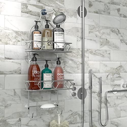 GeekDigg 3 Tier Hanging Shower Caddy, Shower Caddy Basket over Shower Head with Suction Cups, Hooks, Bathroom Caddies, Rustproof Stainless Steel, Silver