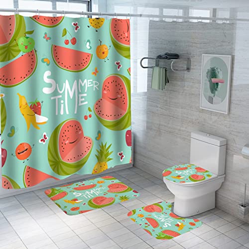 StarBlue-HGS Tropical Fruits Watermelon Banana Waterproof Shower Curtain Set Summer Pineapple Bathroom Bathtub Mat Toilet Cover Mat Set