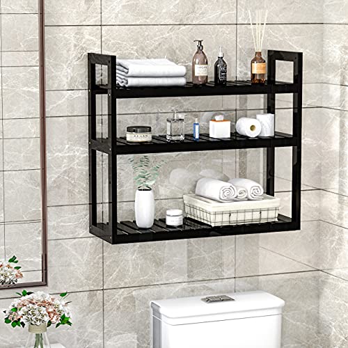 Bathroom Bamboo Shelf Organizer - 3 Tier Storage Shelf with Adjustable Wall Mounted Shelf Rack Over Toilet, Use for Bathroom, Kitchen, Living Room (Black)