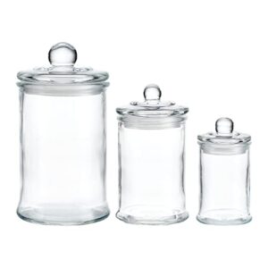 kmwares 3pcs set small mini clear glass premium quality apothecary jars with lids bathroom accessories set for bathroom laundry room storage or kitchen / vanity organizer canisters for cotton balls / swabs, makeup sponges, bath salts, q-tips (clear)