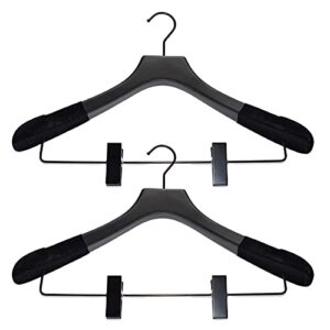 premiere luxe natural wood coat hangers- wooden suit hangers with clips, skirt hangers, pants hangers with clips- standard clothing hangers- space saving hangers (black with black velvet, 6)
