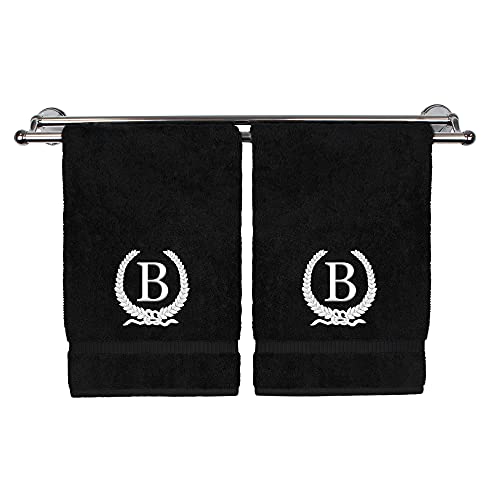 Monogrammed Hand Towel, Personalized Gift, 16 x 30 Inches - White Letter Embroidered with Wreath Design on Black Towel - Extra Absorbent - 100% Turkish Cotton - Soft Terry Finish - Initial B