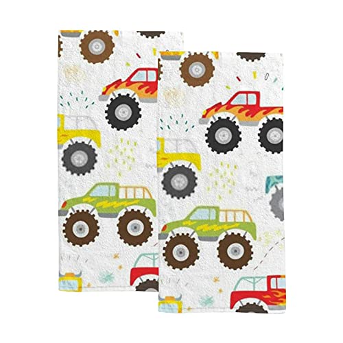 Hand Towels Set for Bathroom,Absorbent Dish Towels for Gym Spa,30"x15"，Kids Doodle Monster Truck (2 PCS)