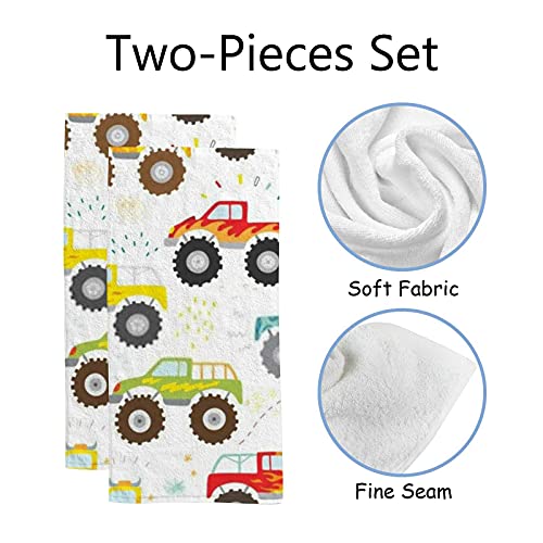 Hand Towels Set for Bathroom,Absorbent Dish Towels for Gym Spa,30"x15"，Kids Doodle Monster Truck (2 PCS)