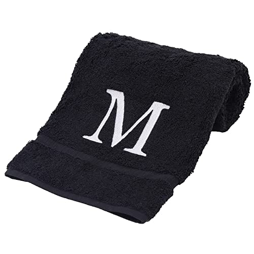 Monogrammed Hand Towel, Personalized Gift, Set of 2- White Block Letter Embroidered Towel - Extra Absorbent 100% Turkish Cotton - Soft Terry Finish - Initial M Black