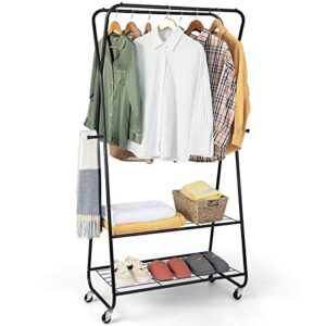 tangkula heavy duty clothes rack with shelves, double rod rolling garment rack on wheels with 4 hooks, portable hanging clothes rack for organizing clothes and shoes, freestanding clothing racks