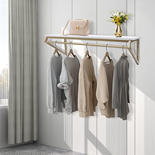 Clothes Rack with Top Shelf, Modern Simple Clothing Store Heavy Duty Metal and Wood Display Stand Wall-Mounted Garment Rack, Clothes Rail, Bathroom Hanging Towel Rack