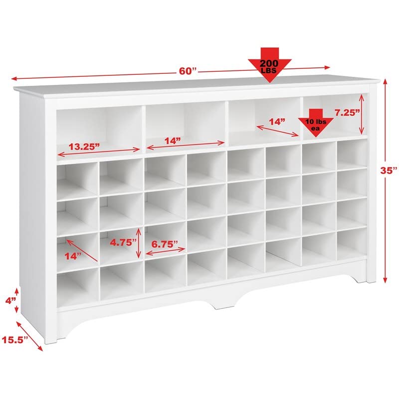 Trent Home Engineered Wood 36 Cubby Versatile Wooden Shoe Cubby Console in White