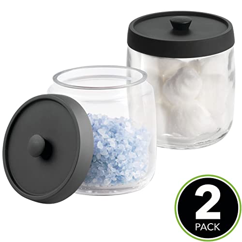 mDesign Small Apothecary Organizer Canister Jars - Glass Containers with Plastic Lid for Bathroom, Organization Holder for Vanity, Counter, Malloy Collection - 2 Pack - Clear/Matte Black