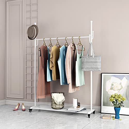 DR.IRON Rolling White Clothing Racks on Wheels,Metal White Clothes Racks with Shelves,Modern Coat Rack freestanding for Organizing Clothes and Shoes,bags,hats