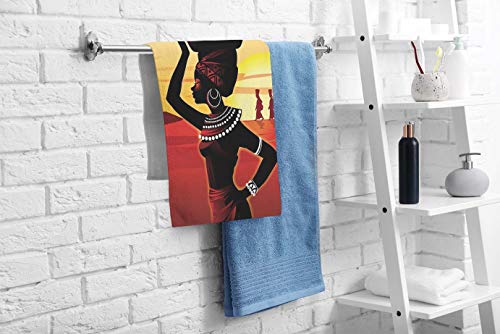 oFloral African Women Painting Art Hand Towels Cotton Washcloths,Woman Walking On The Sunset Desert Soft Absorbent Towels for Bath/Yoga/Golf/Hair/Face Towel for Men/Women/Girl/Boys 15X30 Inch