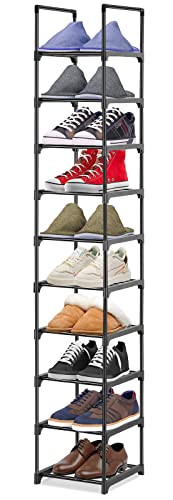 Hossejoy 10 Tiers Tall Shoe Rack, Metal Shoe Rack Organizer, Narrow Shoe Shelf Storage, Space Saving Shoe Stand for Narrow Space, Bedroom, Living Room, Hallway, 28 x 30.5 x 175 cm, Black